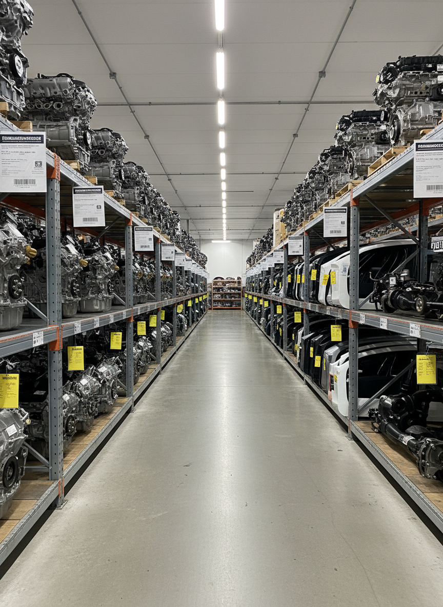 A wide, photographic realism scene of neatly organized used car parts in a classic warehouse-style store. Clean, labeled engines and transmissions sit on heavy-duty steel racks, their metal surfaces lightly burnished and free of grime. Axles, bumpers, and doors are stacked in orderly rows, each tagged and barcoded. The setting is a spacious, concrete-floored interior with long aisles stretching into the background, creating a sense of abundant, well-managed inventory. Cool white LED shop lights hang from the high ceiling, casting even, shadow-softening illumination. The mood is professional, trustworthy, and efficient, emphasizing cleanliness and order. Shot at eye level with sharp focus throughout, slightly using the rule of thirds to lead the viewer’s eye down an inviting central aisle, perfect for a used OEM car parts business homepage hero image.